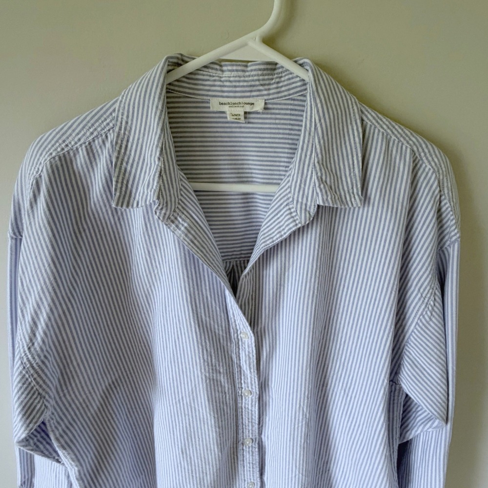 Beachlunchlounge Blue White Striped Cotton Button Down Relaxed Oxford Shirt L
